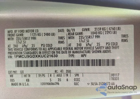 2019 Ford Escape Se from USA, damaged, VIN 1FMCU9GDXKUC21630